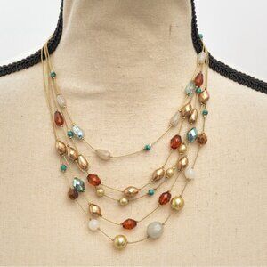 Boho chic choker necklace beaded layer gold, aqua, ivory, brown by Liz Claiborne